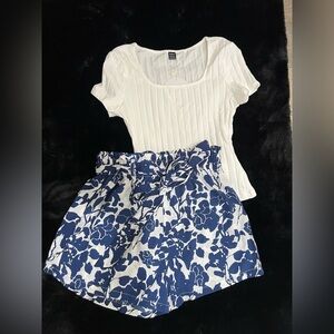 SHEIN Women’s White Ribbed Top & Blue Floral High-Waisted Shorts Set Size Medium